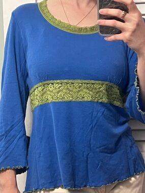 Y2K Lace Ruffle 3/4 Sleeve Cotton Blouse XXL Vintage Fairy Festival